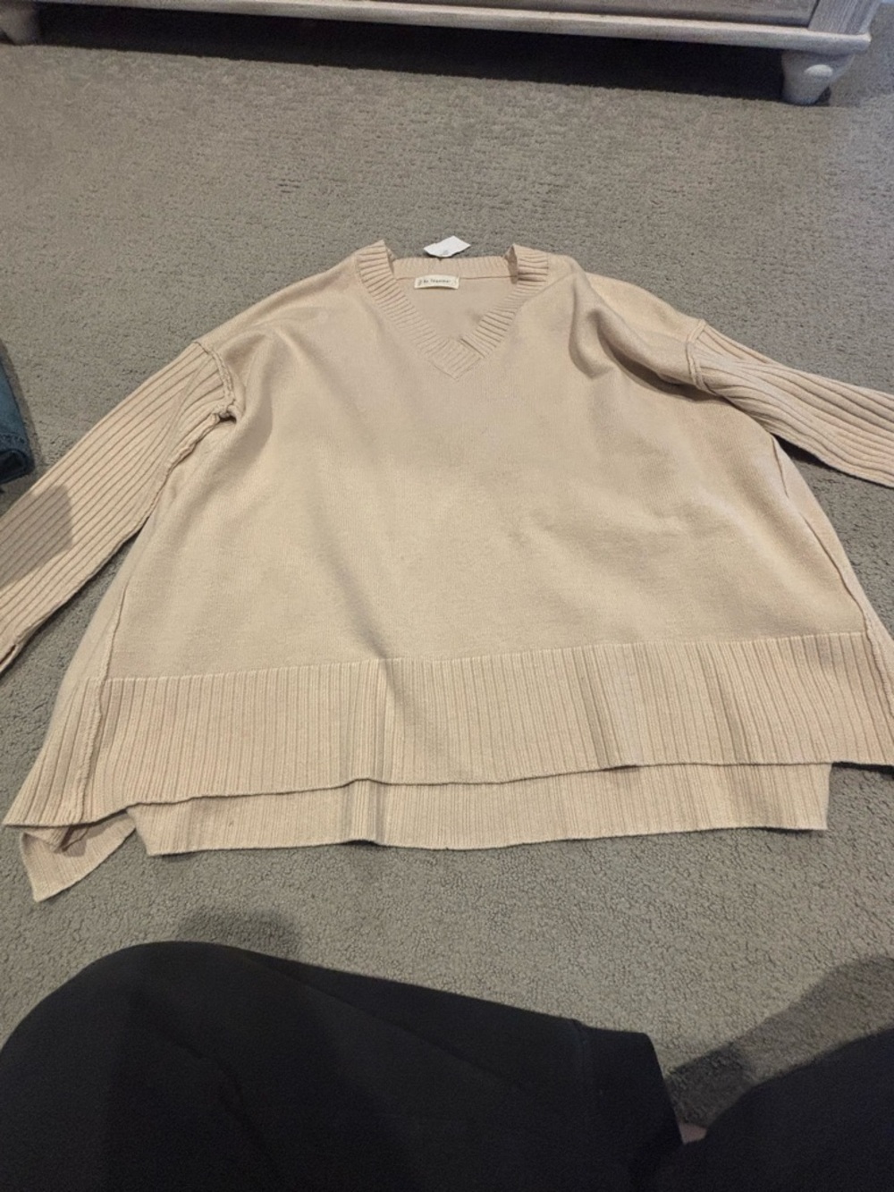 V-Neck Ribbed Hem Oversized Sweater - Beige